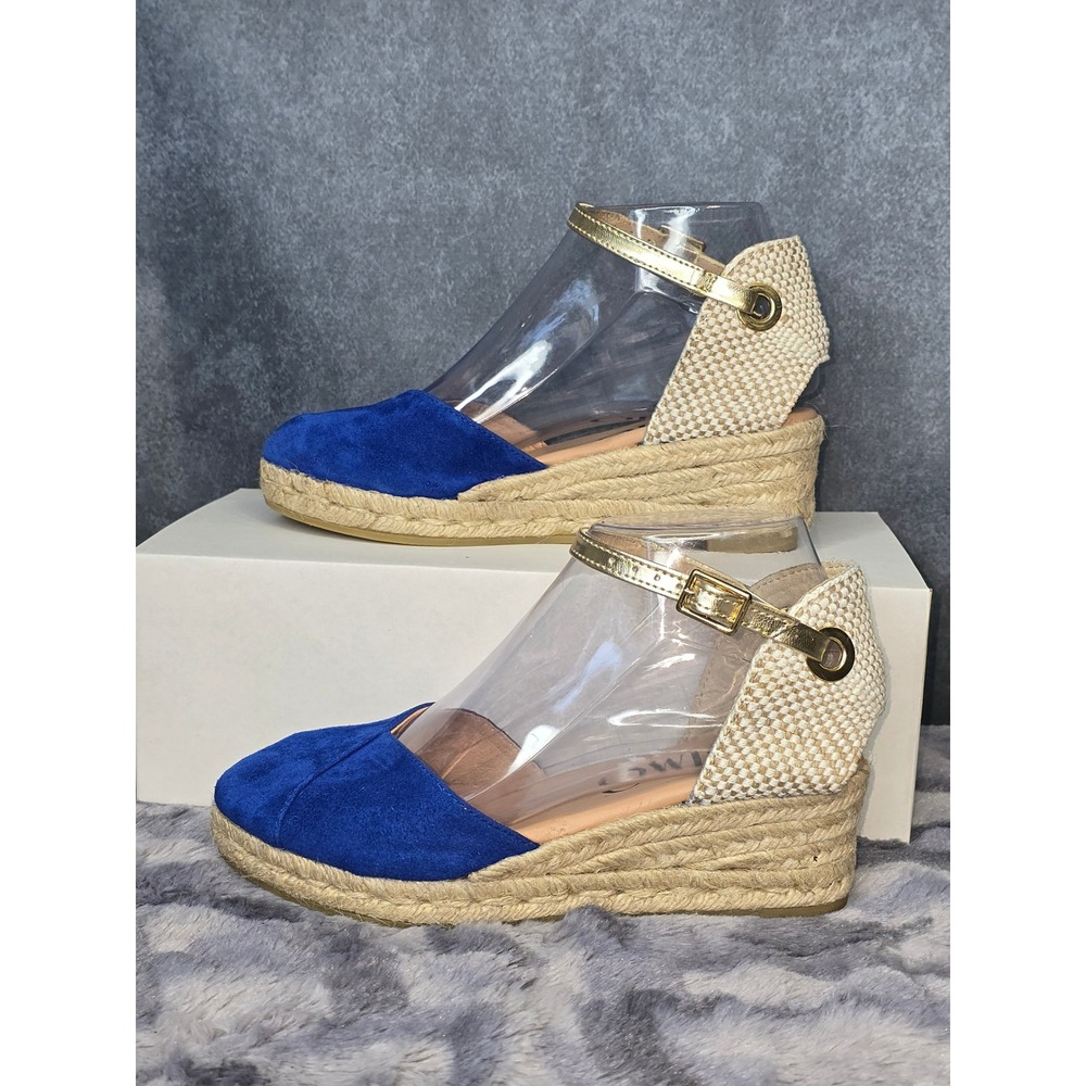 NWOT Gaimo Yosie Espadrille Wedge Blue Suede Gold Ankle Strap Sandals EU 36 us 6